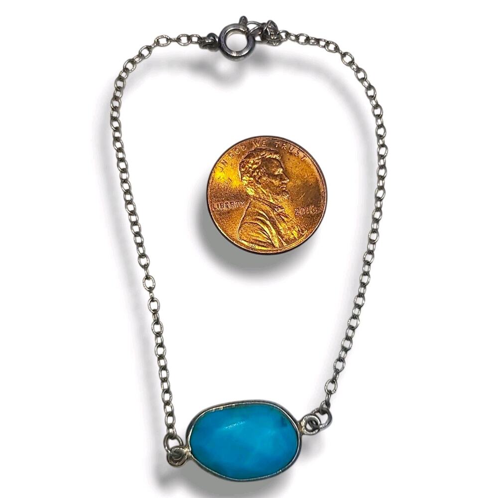 Dainty Sterling Silver 925 Single Turquoise Stone‎ Bracelet 7.5" - Picture 6 of 7